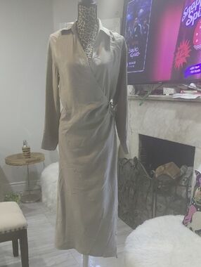 Zara Long-Sleeve Taupe Wrap Dress